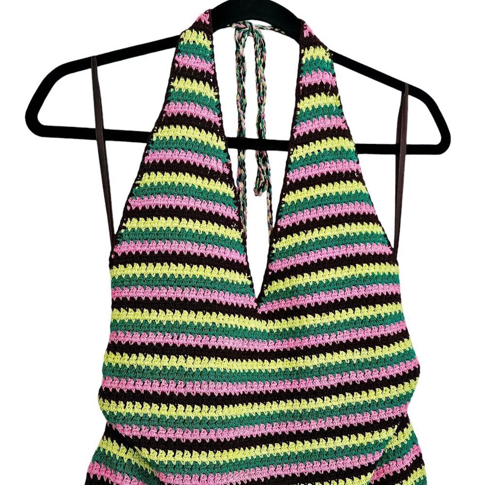 Frame x Julia Sarr Jamois Pink Green Striped Crochet Halter Mini Dress Size M - Picture 5 of 11